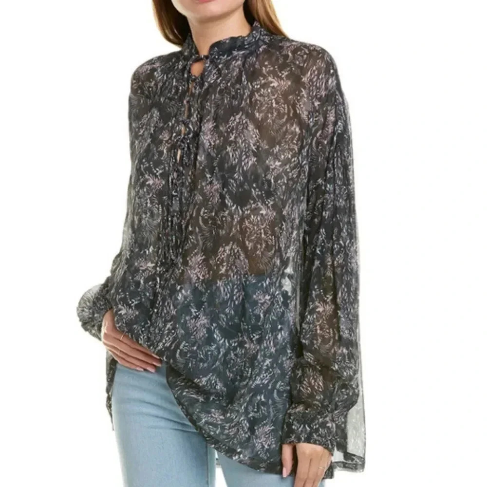 IRO Vagabond Top Black Blouse with Pink Floral Print Size S FR 34